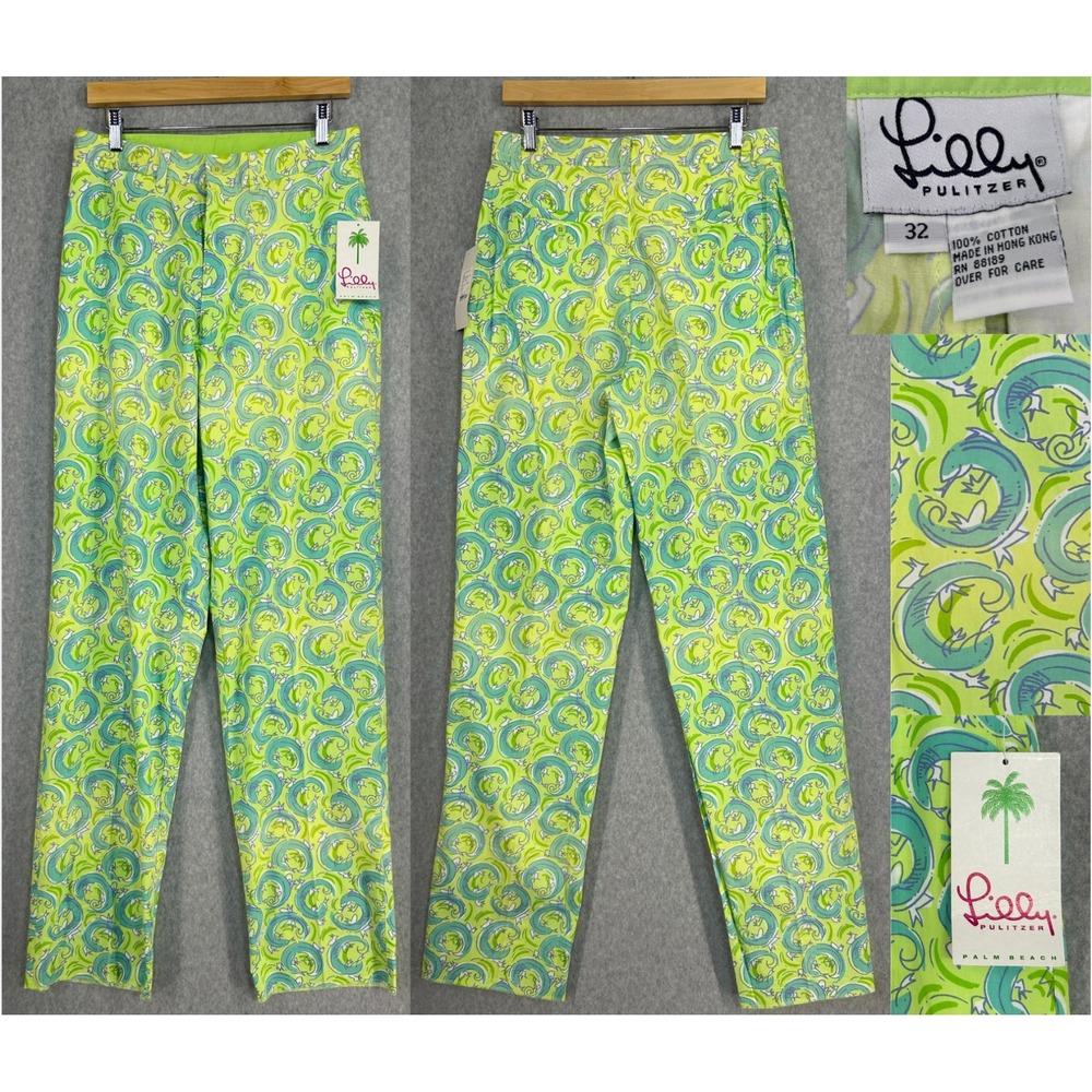 NWT Men's Lilly Pulitzer Lizard Print Pants Size 32 x 35 Unhemmed Blue Green 90s
